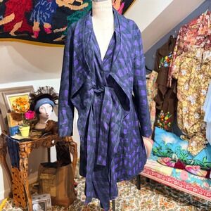 Gorgeous Samuel Dong Black‎ Purple Geo Pattern Shawl Collar Wrap Coat Size L